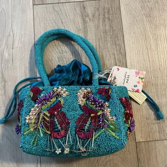 Viral Tik Tok Beaded Handbag Made in India Teal Blue Floral NWT - Picture 1 of 6